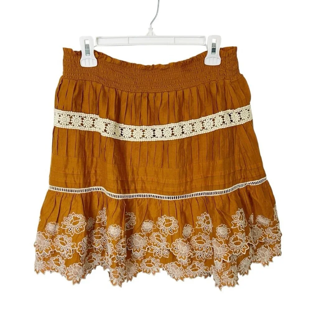 Anthropologie Smocked‎ Waist Skirt Womens Size Large Pumpkin Orange Embroidered